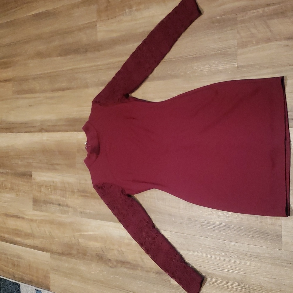 Lulus Lace Up Your Sleeve Small Maroon Mockneck Dress- Like New!